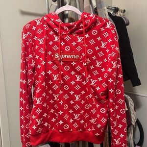 Louis Vuitton/Supreme Red and White Patterned Hoodie